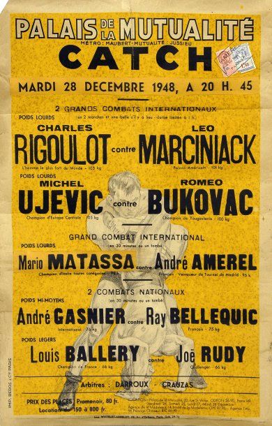 null Affiche de combat de catch le 28 décembre 1948 avec en vedette Charles Rigoulot...