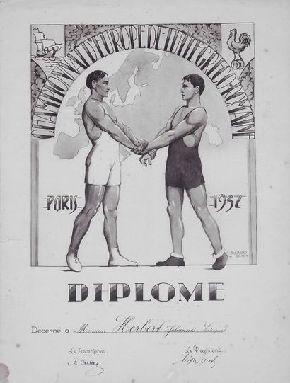 LUTTE ET CATCH Diplôme de participant au championnat d'Europe 1922 à Paris de lutte...