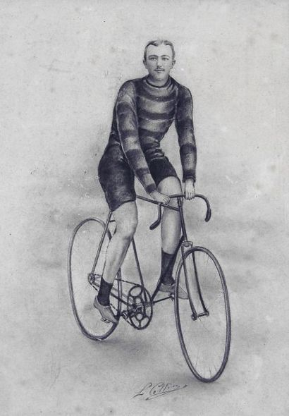 null Dessin original au fusain «Le cycliste» vers 1920 signé L. Collier. Dim. 30...