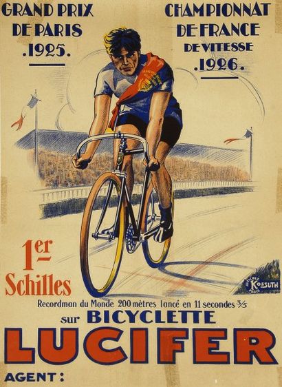 null Affiche des bicyclettes «Lucifer». Schilles recordman du Monde du 200 mètres....