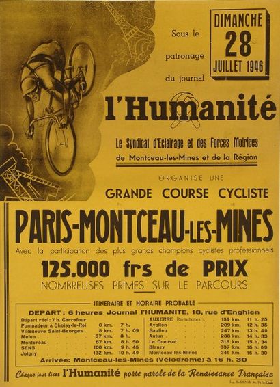 null Affiche «Paris-Montceau Les Mines» du 28 juillet 1946. Illustrée par Pellos....