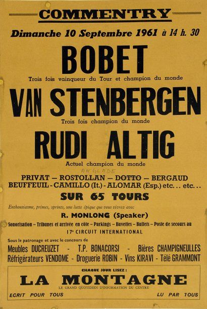 null Affiche du grand Prix de Commentry du 10 septembre 1961 avec Bobet, Van Stenbergen,...