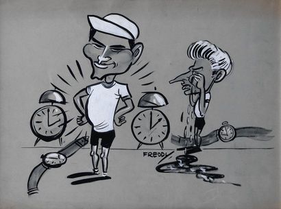null Dessin original de presse «Poulidor et Anquetil» signé Freddy. Dim. 36 x46 cm....