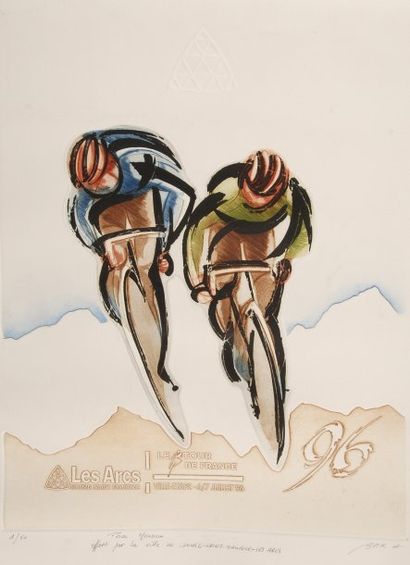 null Lithographie. «Tour de France». Signée Alain Bar. Étape les Arcs-Bourg Saint...