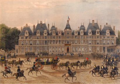 null Voyage officiel de la reine Victoria au château d'Eu. Belle lithographie avec...