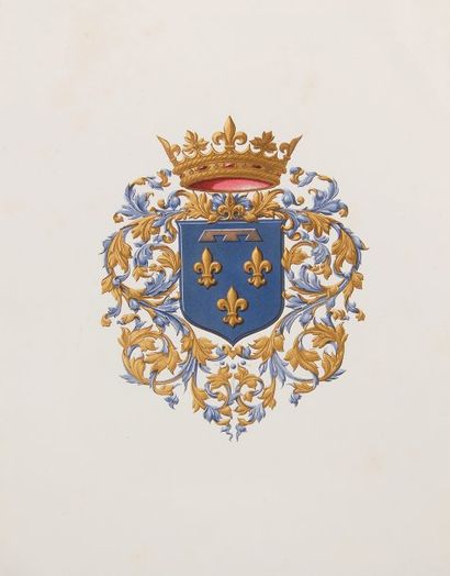 null Blason aux Armes de la Famille d'Orléans. Gravure polychrome du XIXe siècle....
