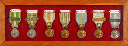 null Encadrement rectangulaire en bois contenant un ensemble de 7 médailles coloniales,...