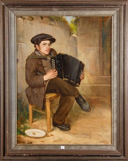 J.CHABOD. Ecole Belge de la fin du XIXe siècle L'accordéoniste Toile 79 x 60 cm.