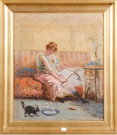 Edouard Louis DUPAIN (1847-1933) Dresseuse de chats. Huile sur toile. Cachet d'atelier...