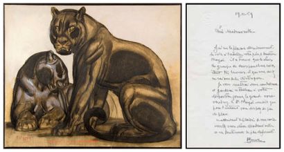 Paul JOUVE (1878 -1973) Deux panthères noires. Crayon et huile sur papier contrecollé...