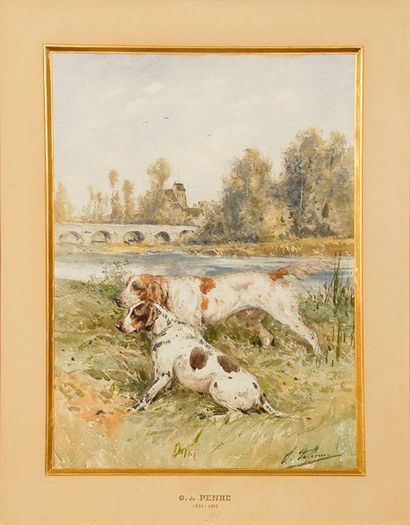 Charles - Olivier de PENNE (1831-1897) Chiens d'arrêt Aquarelle SBD 46 x 35.5 cm...