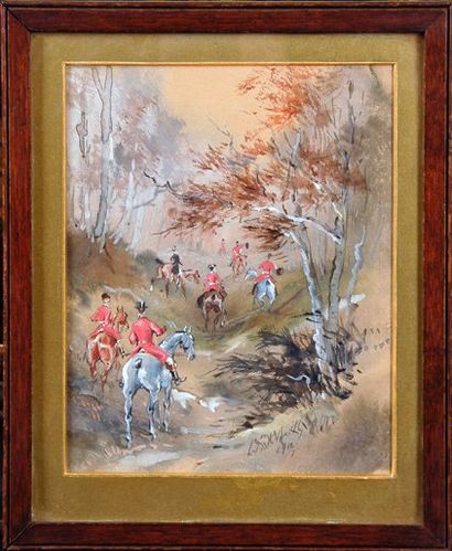 Baron Karl REILLE (1886-1975) Scène de chasse. Aquarelle gouachée. 18 x 14 cm. SBD...