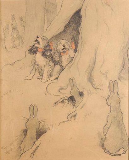 Cecil ALDIN (1870-1935) Chiots et lapins. Rare dessin avec rehauts de couleur. 43...