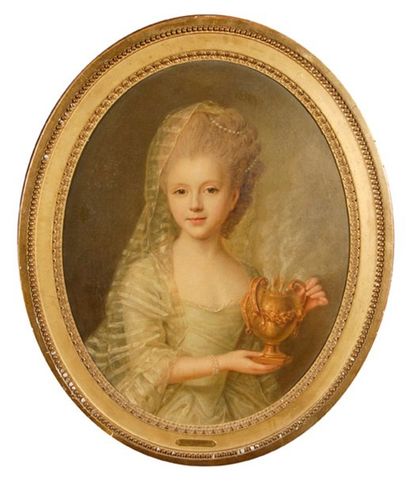 Ecole FRANCAISE du XVIIIe siècle Portrait de jeune fille en vestale. Huile sur toile...