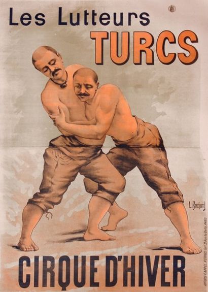 null Affiche. «Les lutteurs turcs» au cirque d'hiver . Vers 1900. Dim. 127 x 92 cm....