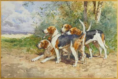 Charles Olivier de PENNE (1831 - 1897) Relais de chiens de meute Aquarelle gouachée...