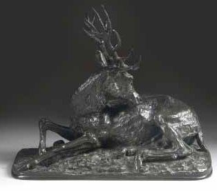 Christophe FRATIN (1801 - 1864) Cerf couché se léchant. Bronze à patine brune, signé...