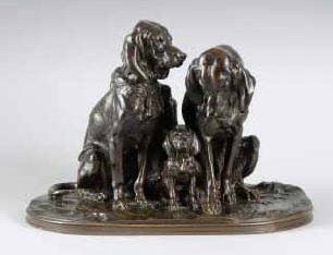 Alfred JACQUEMART (1824-1896) Couple de chiens de meute et leur petit Très beau et...