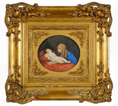 Ecole FRANCAISE du XVIIe siècle, d'après Guido RENI La Vierge à l'Enfant endormi...