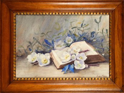 Louise PLANSON (XIXe - XXe ) Nature morte aux roses de Noel Aquarelle. 37 x 54 c...