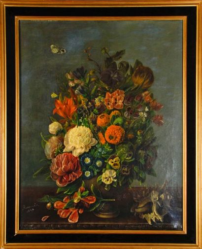 ROOSMALEN, école du XIXe siècle Bouquet de fleurs et coquillage sur un entablement...