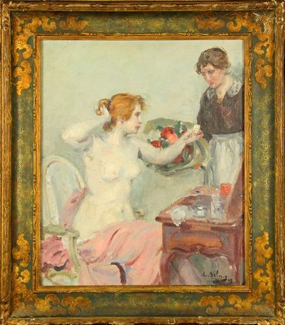 Eugène SELMY (1874 - 1945) Femme à sa toilette. Huile sur toile signée en bas à droite...