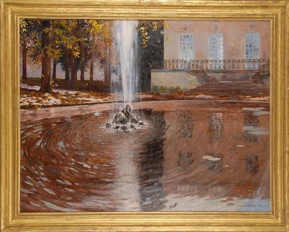 François de MARLIAVE (1874 - 1953) Bassin et jet d'eau au grand trianon Huile sur...