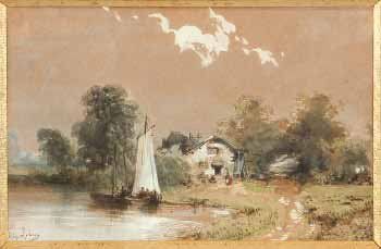 Hippolyte LEBAS (1782-1867) Bateaux près d'une maison Aquarelle et gouache 15 x 24.5...
