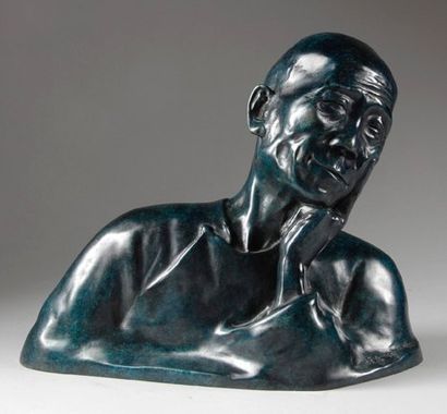 Gaston HAUCHECORNE (1880 - 1945) Homme pensif. Bronze à patine vert antique. Signé...