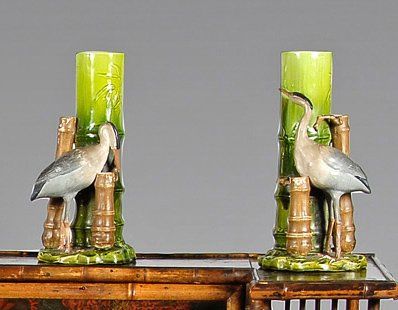 null Paire de vase en faïence anglaise à décor de hérons et bambou. Epoque XIXe siècle....