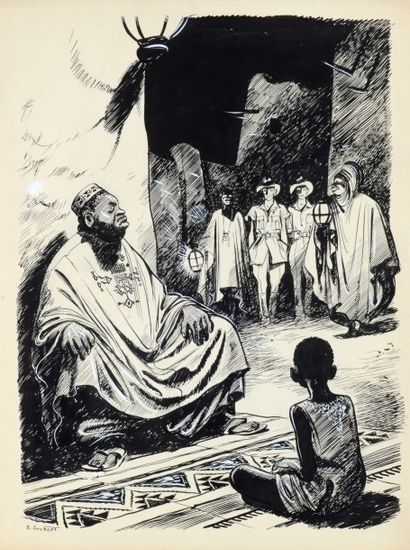 JOUBERT, Pierre 
ALERTE AU TCHAD Encre de chine pour une illustration parue en 1952...