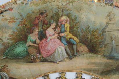 null La leçon de flûte, vers 1870-1880
Eventail plié, feuille en peau peinte à la...