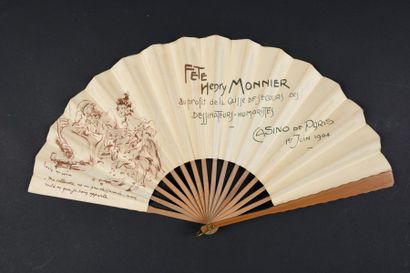 *D'après Henri Monnier Les mariés, vers 1904
Eventail plié, feuille en papier chromolithographié...