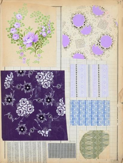 null Album de maquettes gouachées pour l'impression textile, vers 1900, gouache sur...