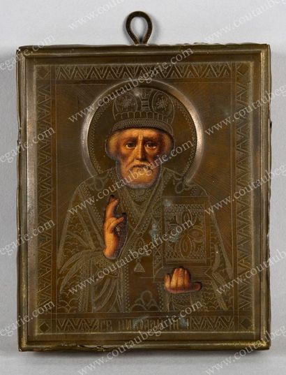 null ICÔNE DU XIXe SIÈCLE.
Saint Nicolas.
Travail russe, tempera sur bois, conservée...