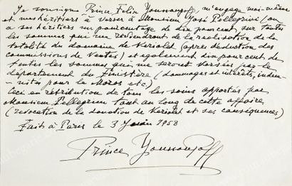 ** FÉLIX FELIXOVITCH, 
Lettre autographe signée «Prince Youssoupoff», adressée à...