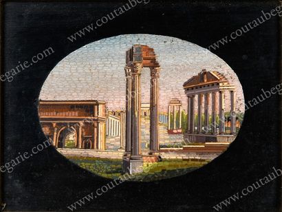 Ecole Italienne du XVIIIe siècle 
Ruines romaines.
Marqueterie de marbre, de forme...