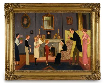 Yvan STRIN (XXe siècle) La visite à la grand-mère.
Huile sur carton
67 x 89 cm