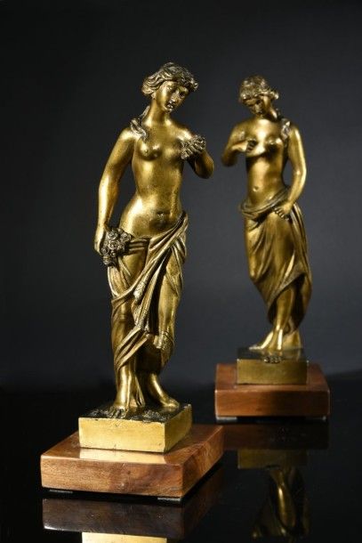 Ecole italienne du XVIIe siècle Paire de Statuettes en bronze ciselé et doré, figurants...