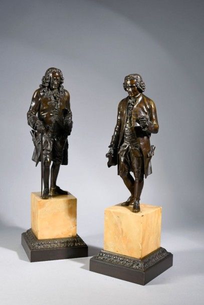 Jean-Claude-Joseph ROSSET (1706 - 1786) d'après Voltaire et Rousseau Paire de bronzes...