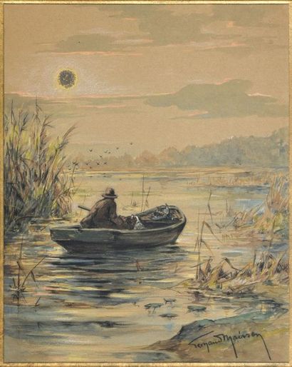 Fernand MAISSEN (1873-?) La passée des canards.
Aquarelle, signé en bas à droite.
28,5...