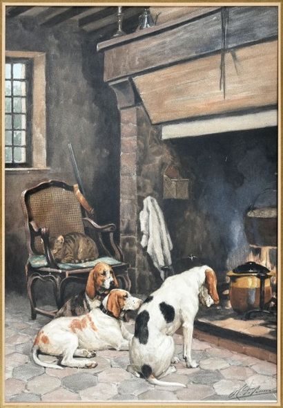 Charles Olivier de Penne (1831-1897) Chien devant la cheminée
Lithographie en couleur
56...