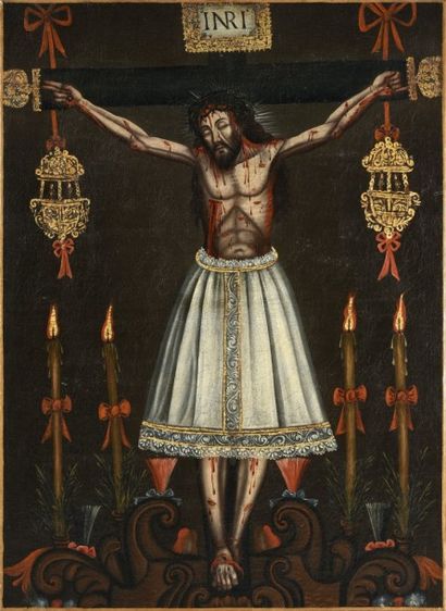 ÉCOLE DE CUZCO vers 1800 Christ en croix
Toile
98 x 72 cm
Sans cadre
