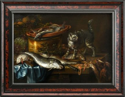 Attribué à Alexander ADRIAESSEN (1587- 1661) Chat défendant un étal de poissons
Panneau...