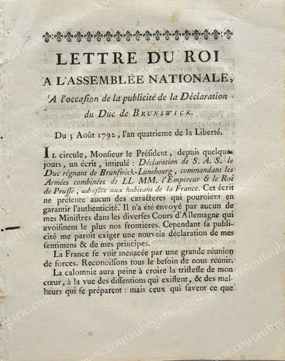 LOUIS XVI, roi de France (1754-1793) 
Lettre du roi à l'Assemblée Nationale, à l'occasion...