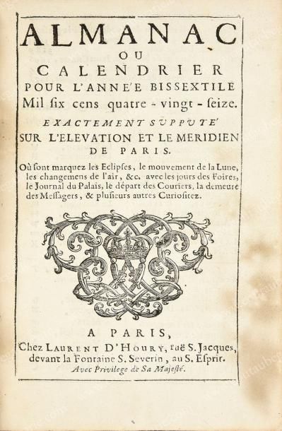 null [ALMANACH ROYAL].
Almanach ou calendrier pour l'année bissextile 1696, Paris,...