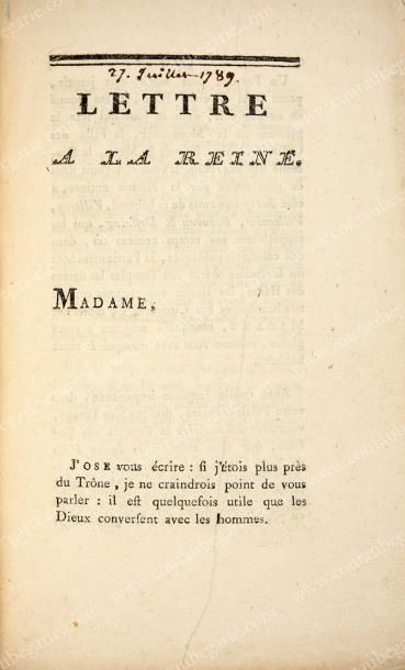 null [MARIE-ANTOINETTE, reine de France (1755-1793)].
Lettre à la Reine, à Paris,...