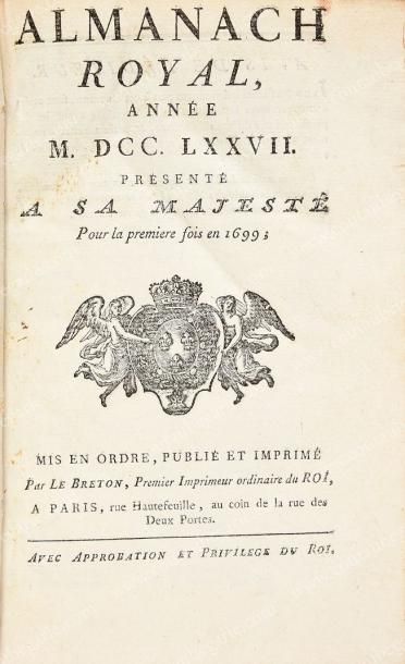 null [ALMANACHS ROYAUX].
Ensemble comprenant 12 volumes in-8° dont: Almanach royal,...