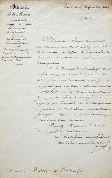 MOLÉ Louis-Mathieu, comte (1781-1855) 
L.S. Cte Molé sur papier à en-tête en partie...