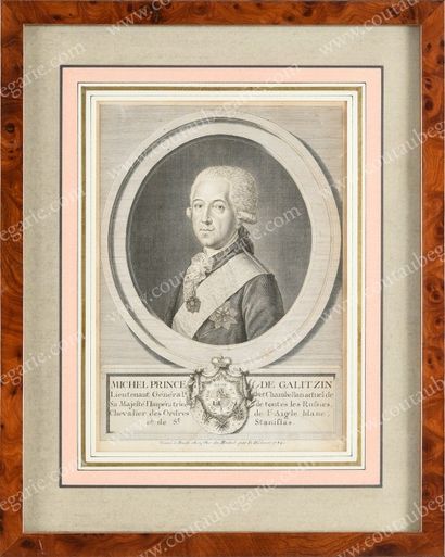 ECOLE SUISSE DU XVIIIe SIÈCLE 
Portrait médaillon du prince Michel de Galitzine.
Gravure...